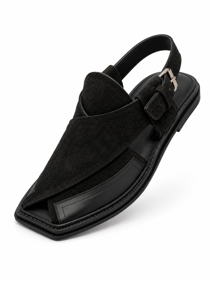 Rustic Suede (Thin Sole Leather Black Shaded Peshawari Chappal)