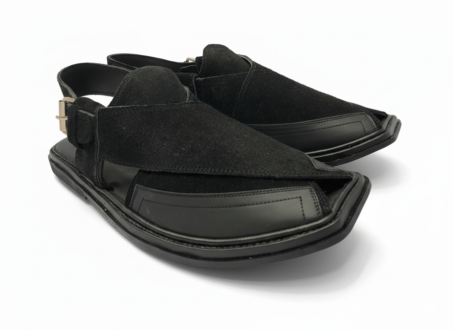 Rustic Suede (Thin Sole Leather Black Shaded Peshawari Chappal)